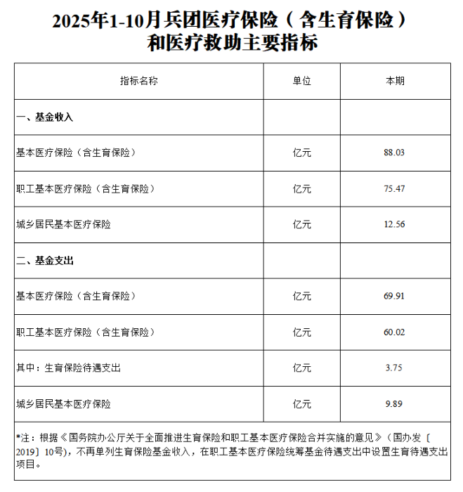 2025年1-10月兵团医疗保险（含生育保险）